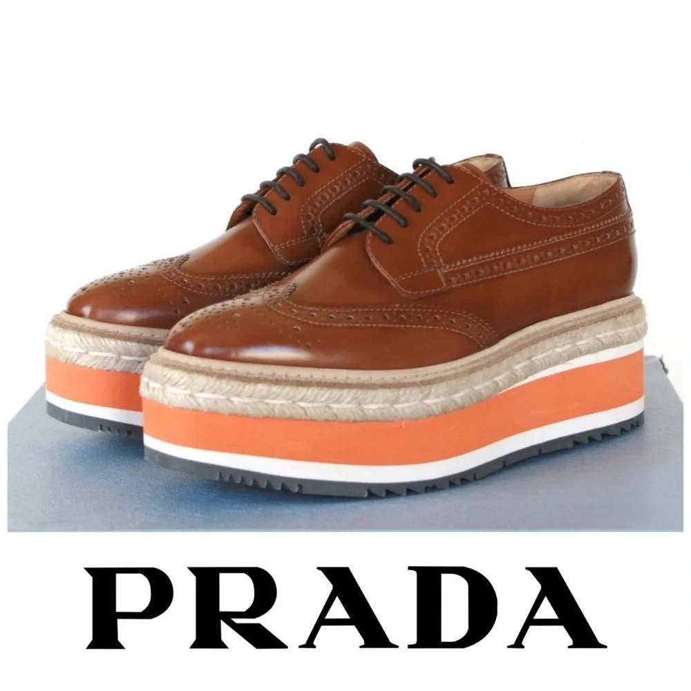 PRADA | Platform Jute Espadrilles Brogues Size 38 - Picture 1 of 16